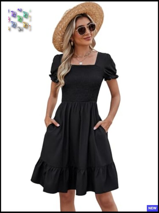 A-Line Tiered Sundress with Pockets Square Neck Casual Summer Dress - Picture 3 of 7